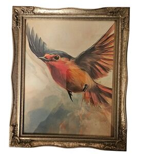 Vintage Framed Bird Art Print Flying Robin Gold Ornate Frame Wall Decor